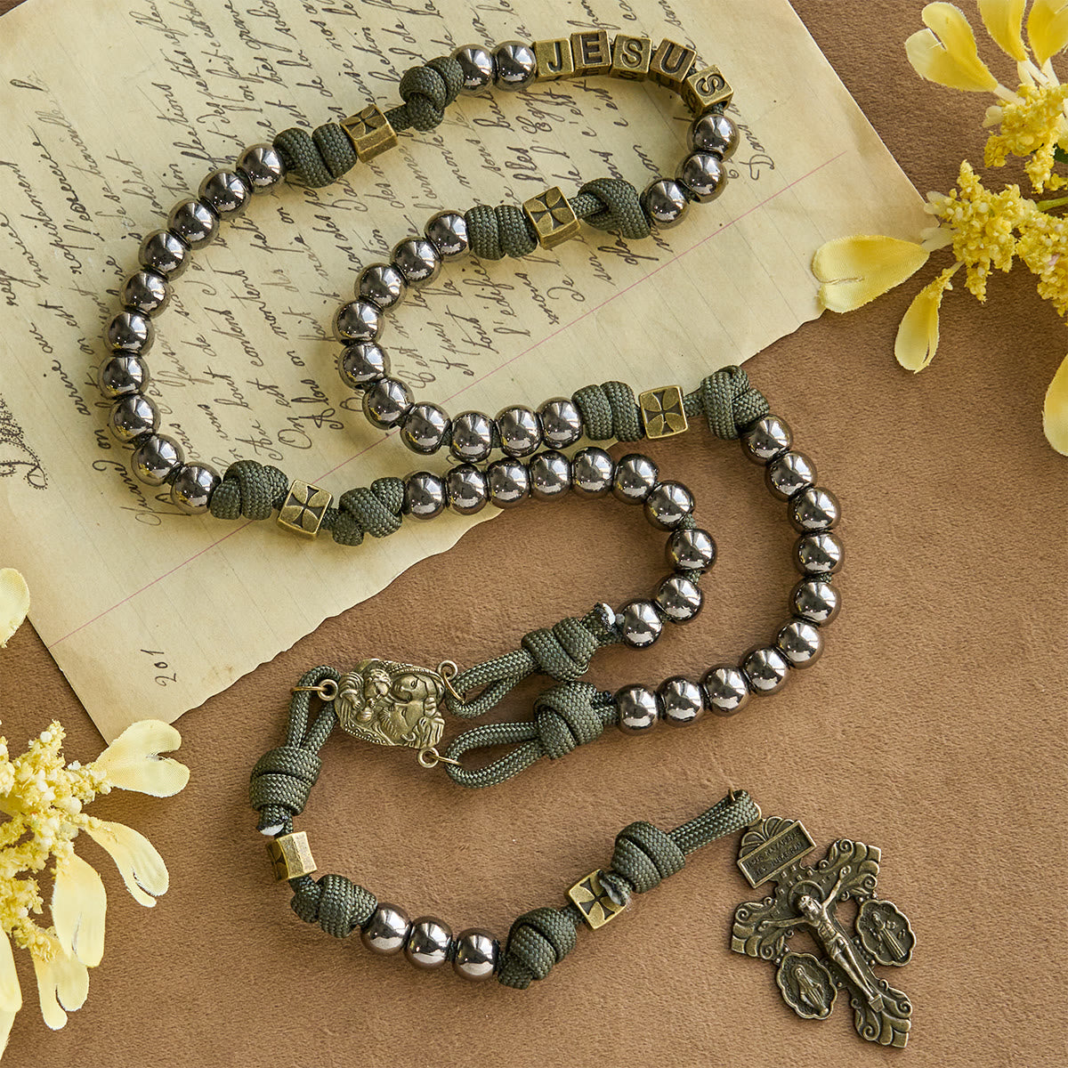 Military - Style Paracord Custom Rosary: Silver-Toned Beads & Brass JESUS