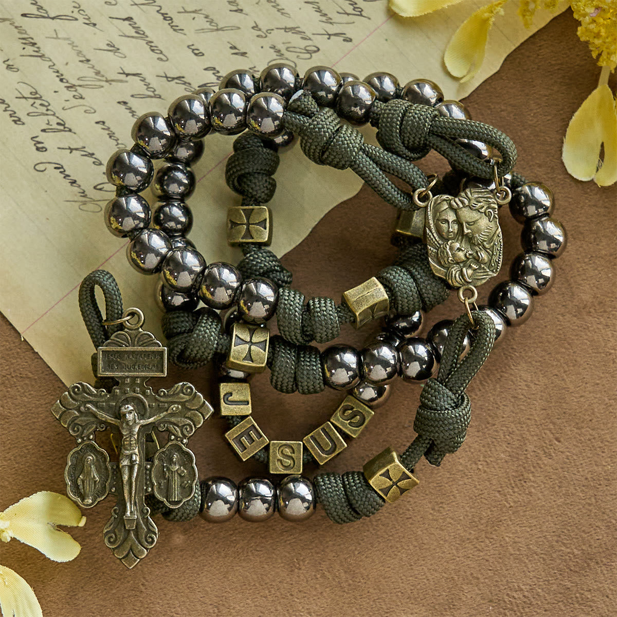 Military - Style Paracord Custom Rosary: Silver-Toned Beads & Brass JESUS