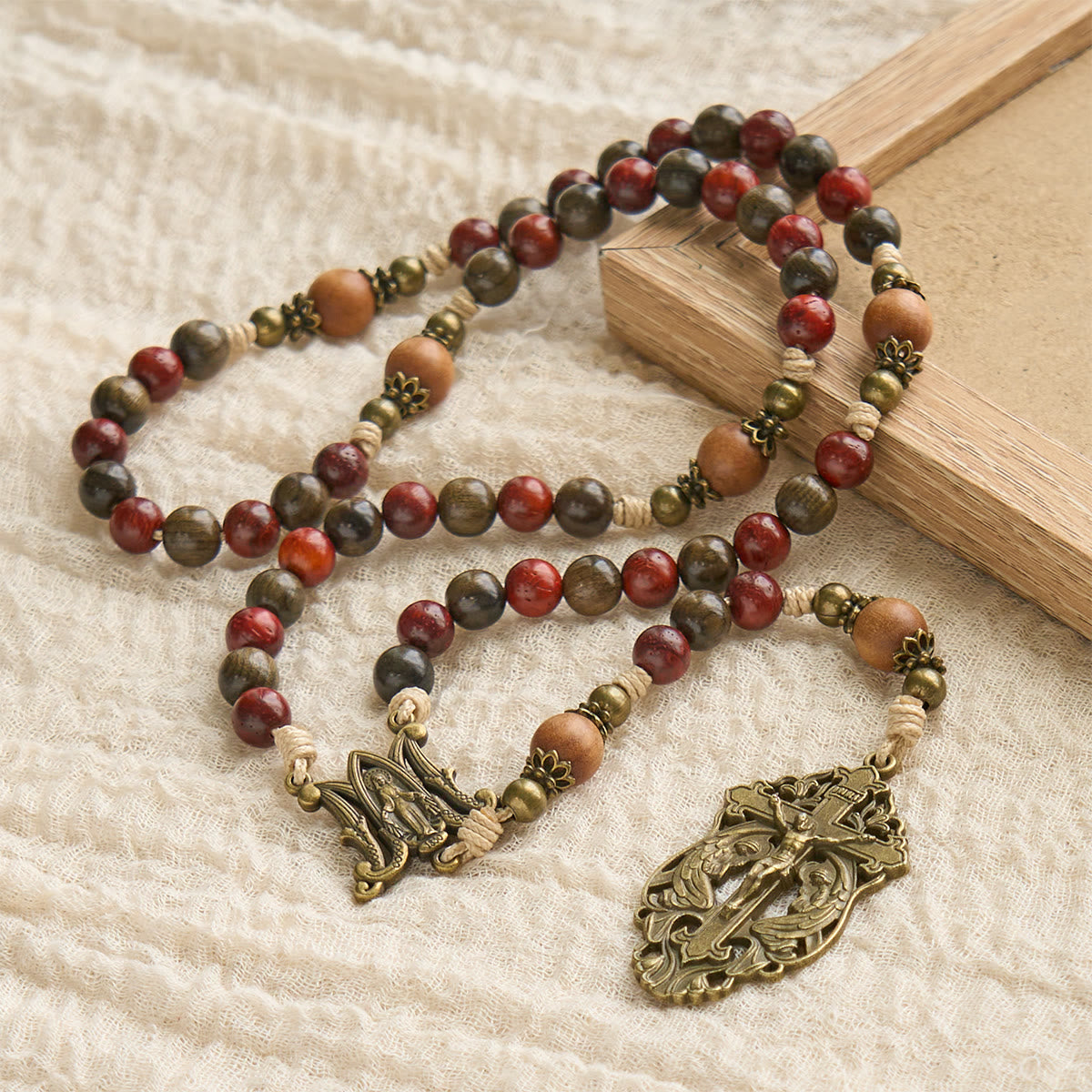 Traditoinal Christmas-Style Wooden Rosary: Earthy Beads & Bronze Crucifix