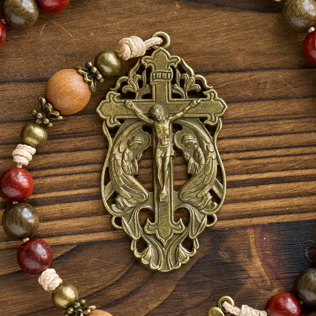 Traditoinal Christmas-Style Wooden Rosary: Earthy Beads & Bronze Crucifix
