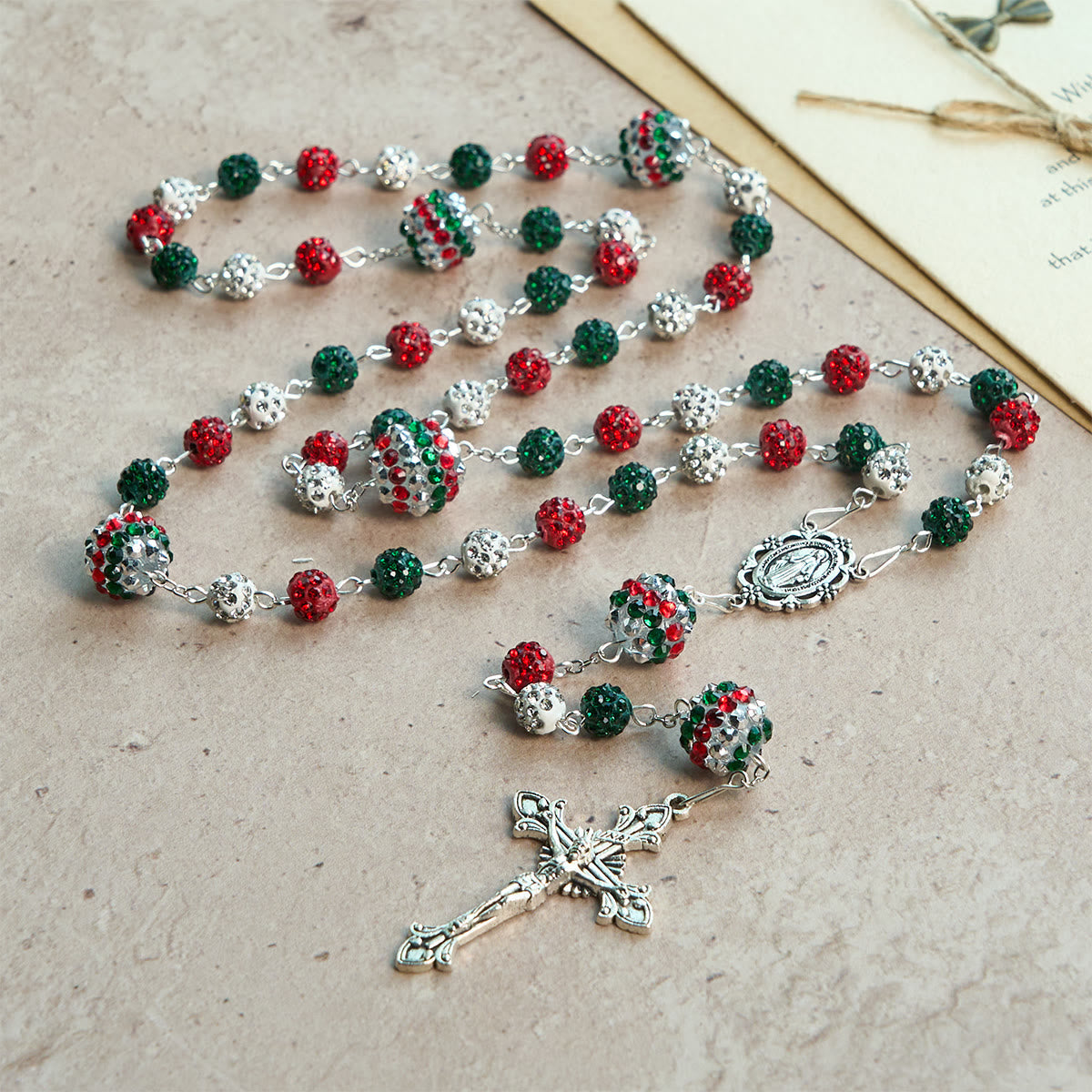 Christmas Gift: Crystal-Covered Tricolor Beads & Miraculous Medal Glam Sparkling Rosary