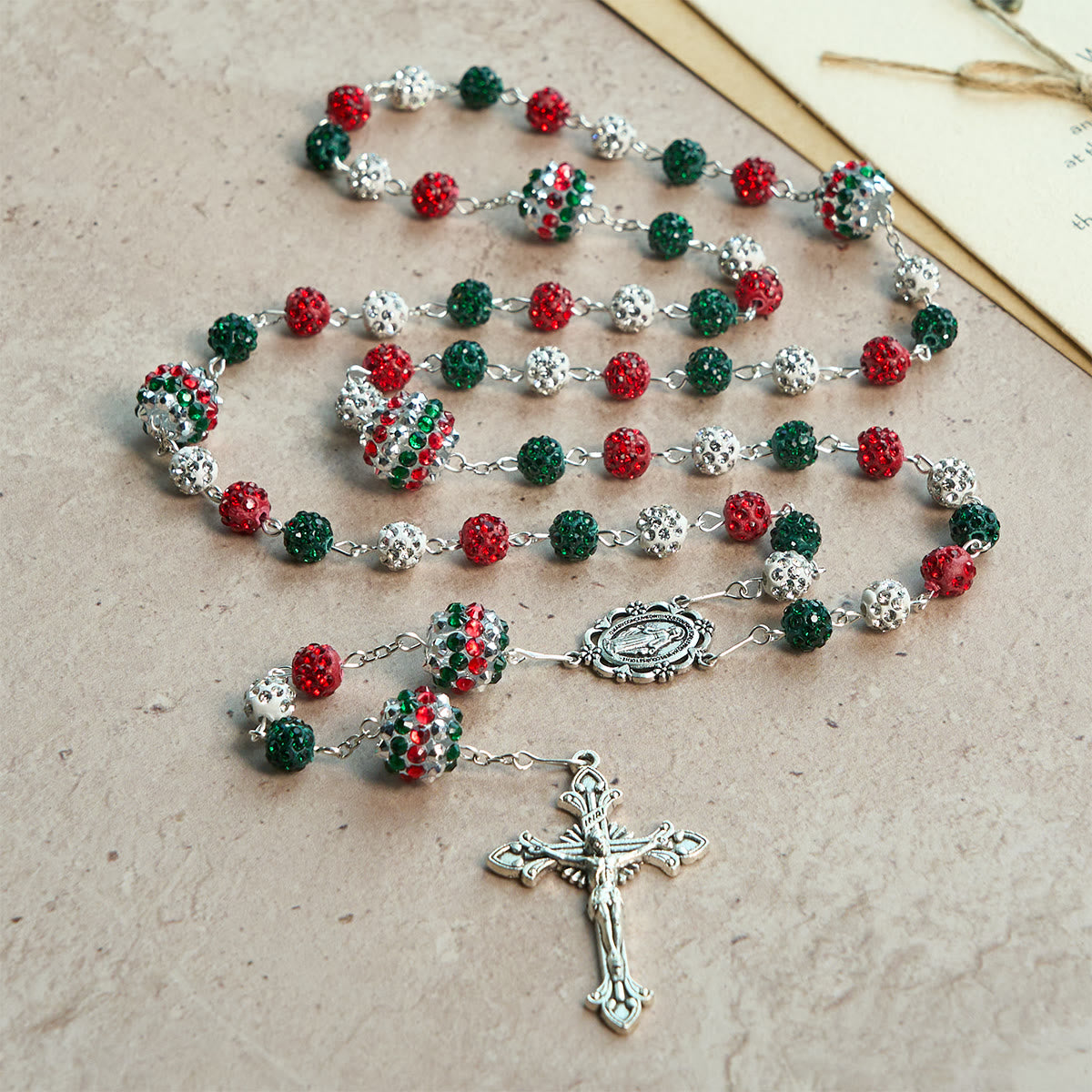 Christmas Gift: Crystal-Covered Tricolor Beads & Miraculous Medal Glam Sparkling Rosary