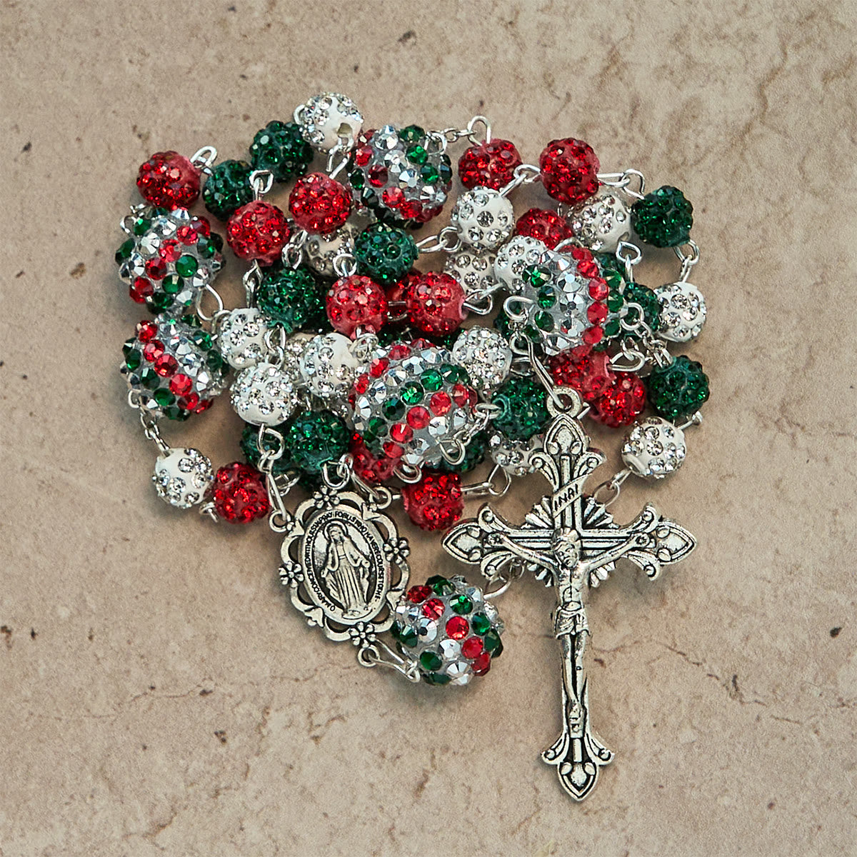 Christmas Gift: Crystal-Covered Tricolor Beads & Miraculous Medal Glam Sparkling Rosary