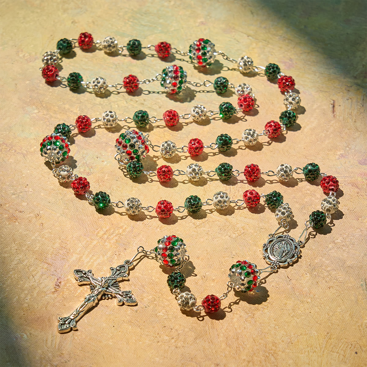Christmas Gift: Crystal-Covered Tricolor Beads & Miraculous Medal Glam Sparkling Rosary