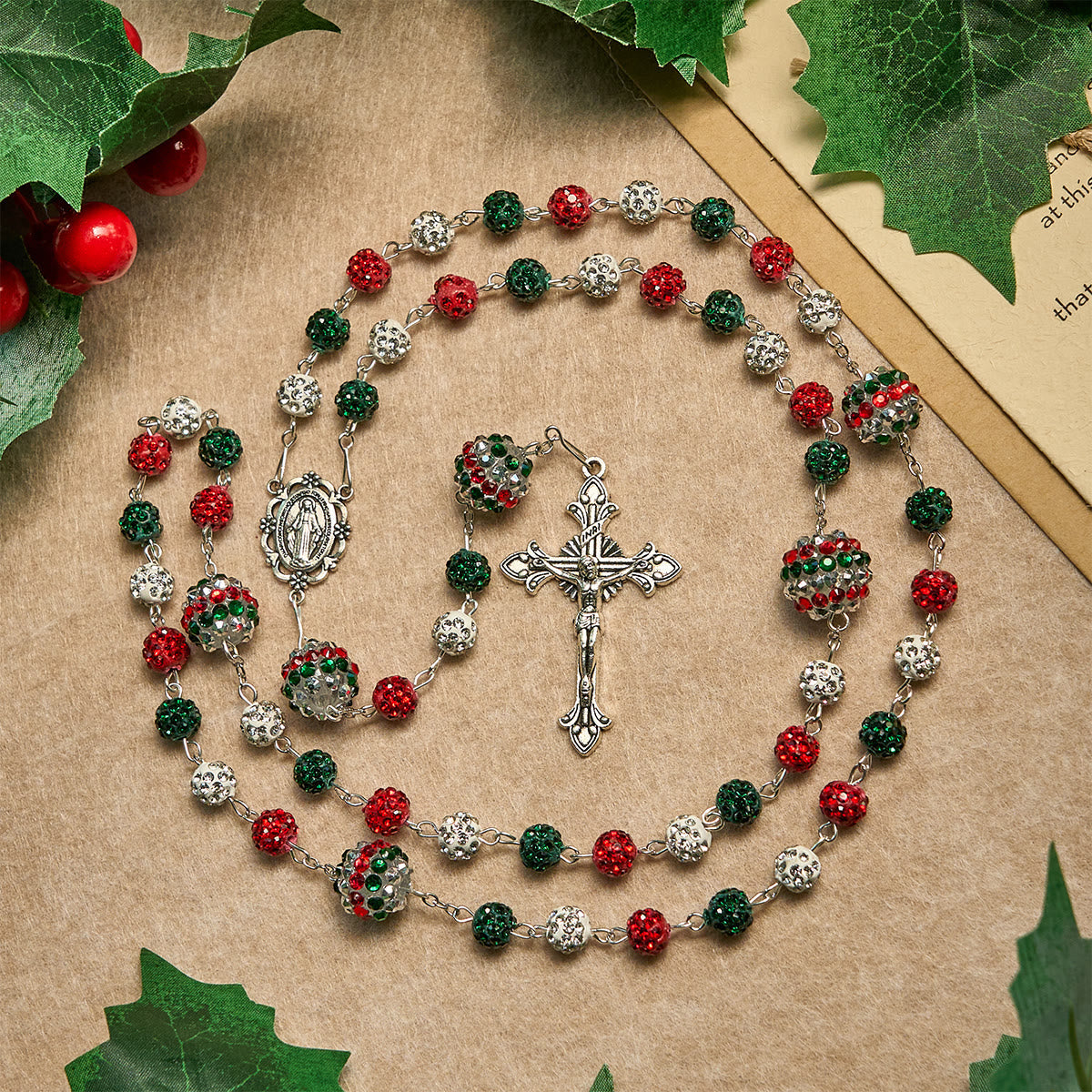 Christmas Gift: Crystal-Covered Tricolor Beads & Miraculous Medal Glam Sparkling Rosary