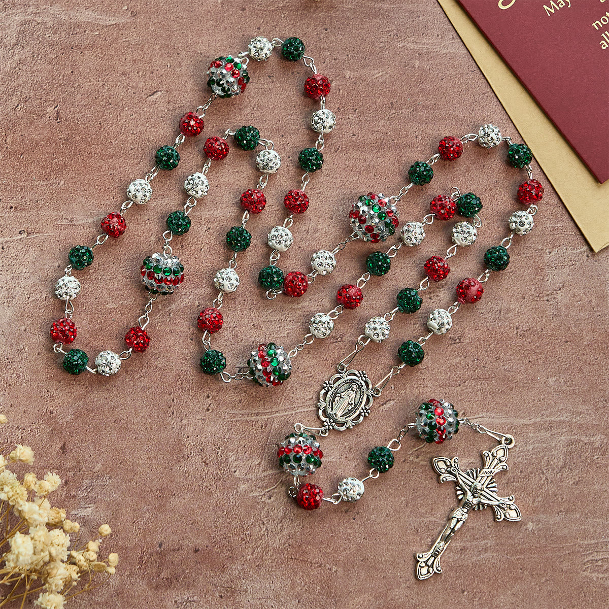 Christmas Gift: Crystal-Covered Tricolor Beads & Miraculous Medal Glam Sparkling Rosary