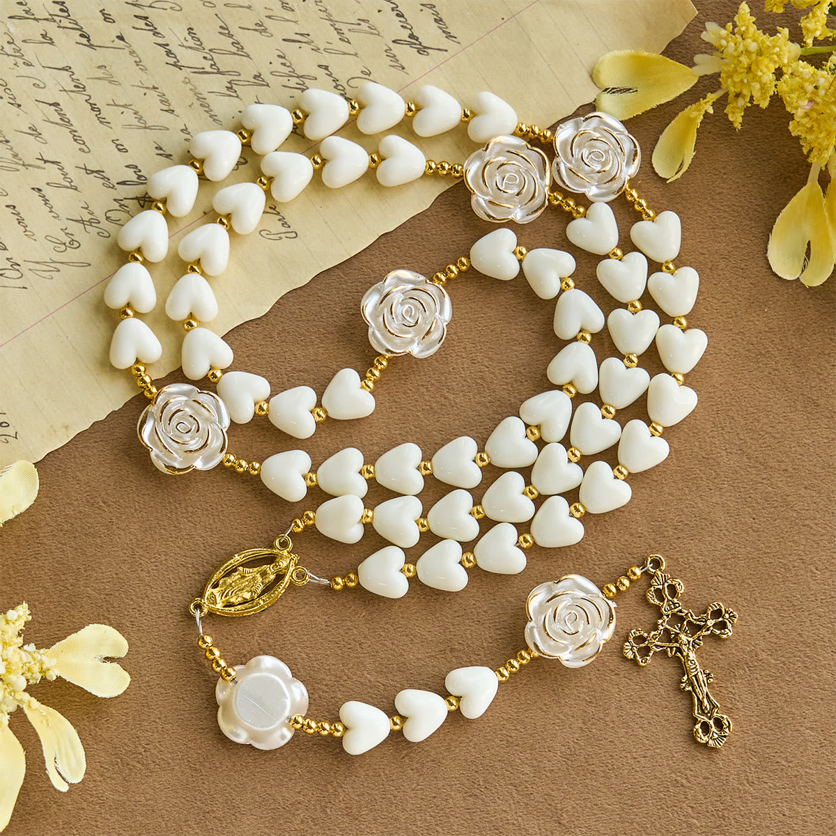 10mm Luminous Heart and White Rose Rosary: Mary's Gentle Protection