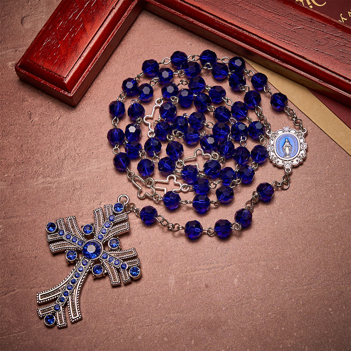 Miraculous Medal & Cross of 8 mm Polyhedron Blue Crystal Alloy Chain Rosary