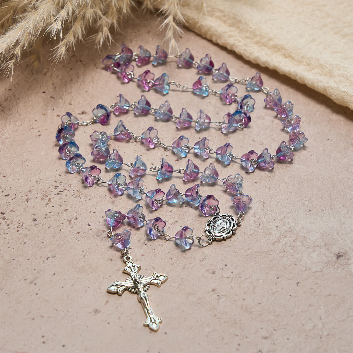 Pastel Bloom Lily-of-the-Valley Glass Rosary with Our Lady: Pure Marian grace