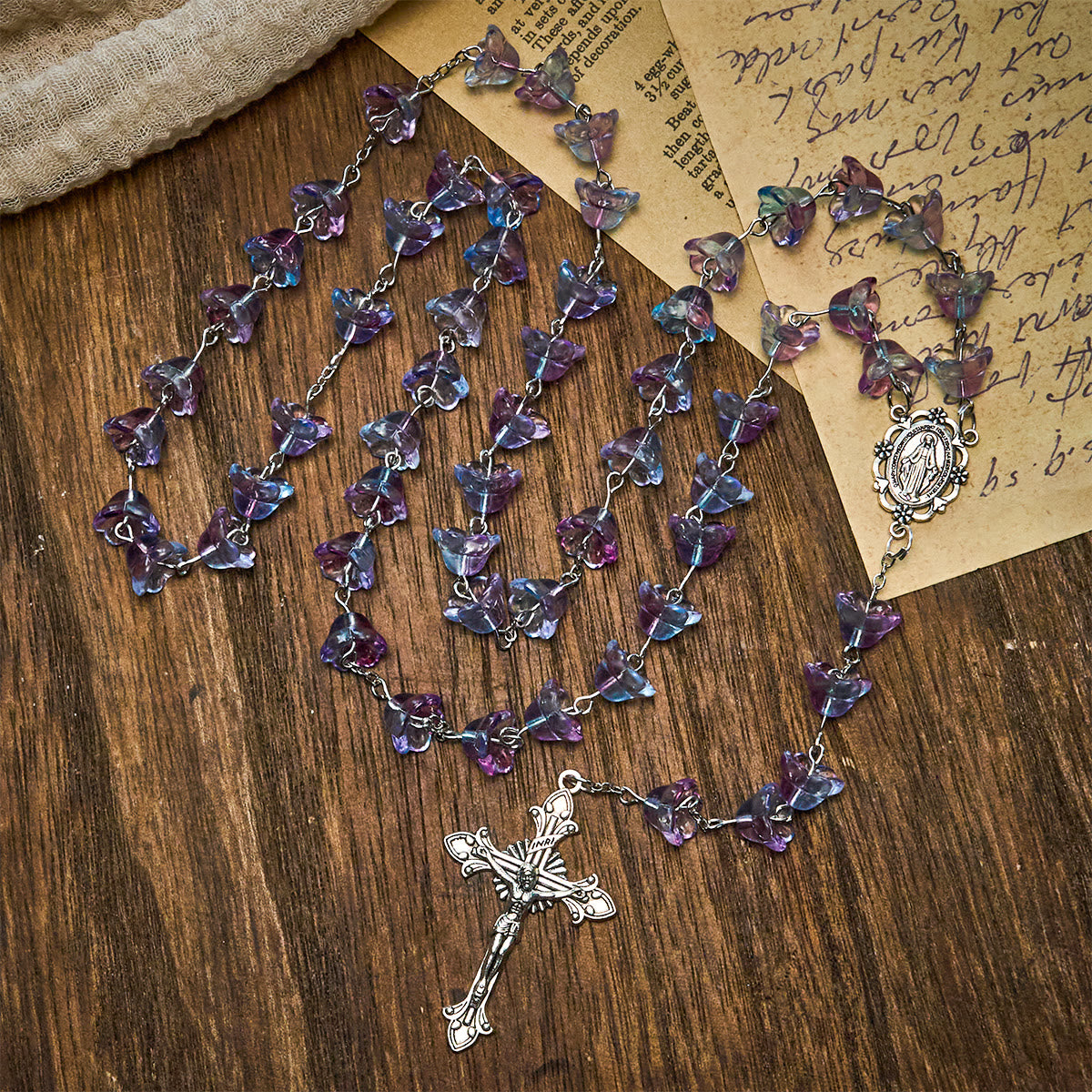 Pastel Bloom Lily-of-the-Valley Glass Rosary with Our Lady: Pure Marian grace