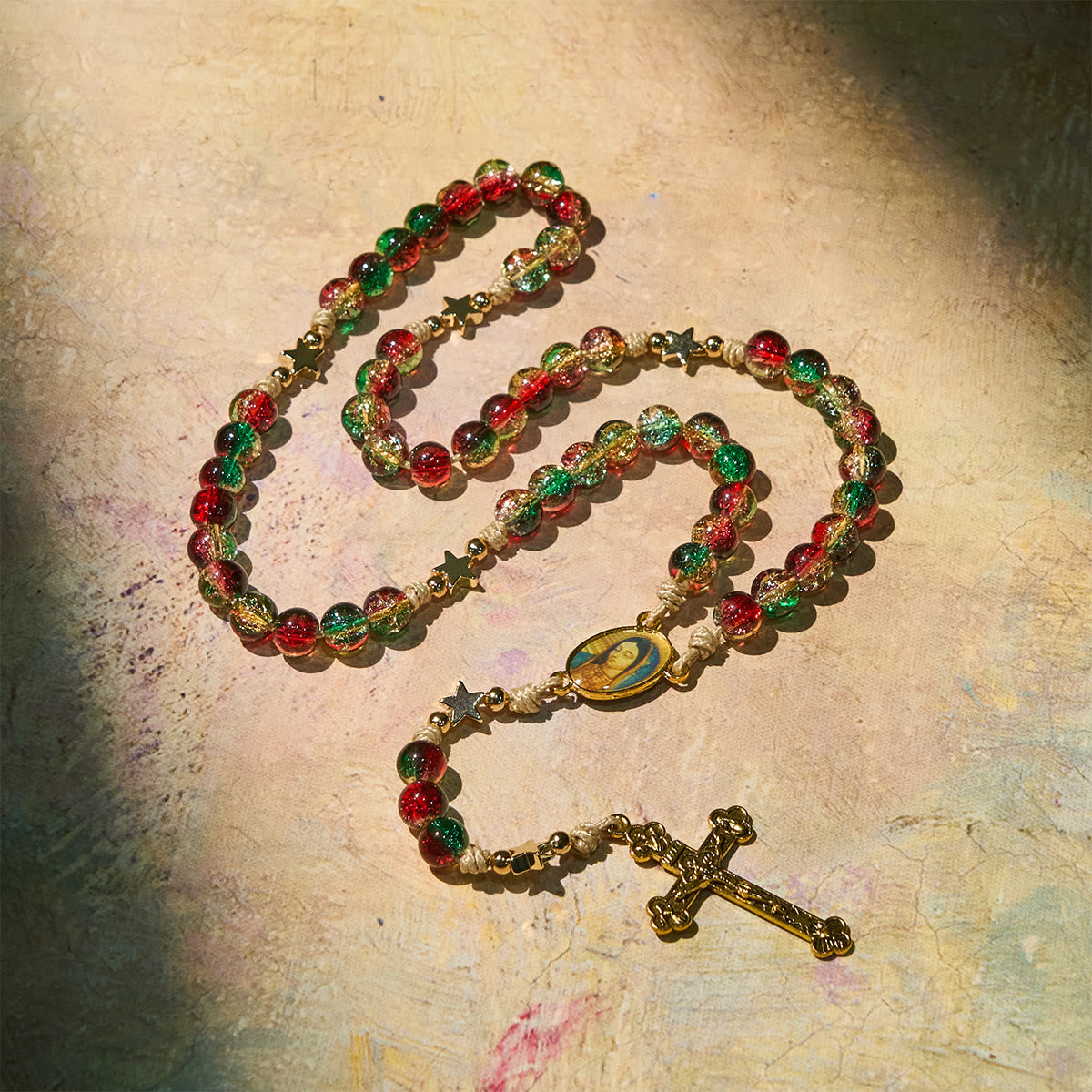 Christmas Gift: Christmas Glass Bead Rosary: Our Lady of Guadalupe Medal & Golden Crucifix