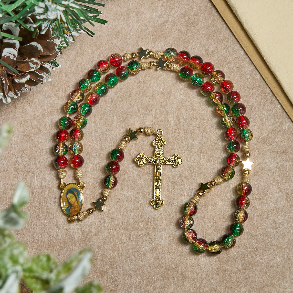 Christmas Gift: Christmas Glass Bead Rosary: Our Lady of Guadalupe Medal & Golden Crucifix