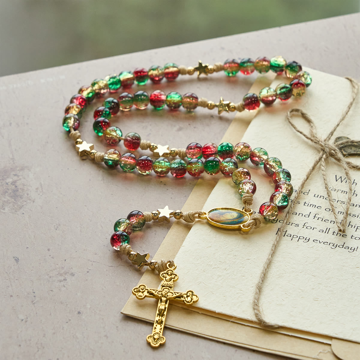 Christmas Gift: Christmas Glass Bead Rosary: Our Lady of Guadalupe Medal & Golden Crucifix
