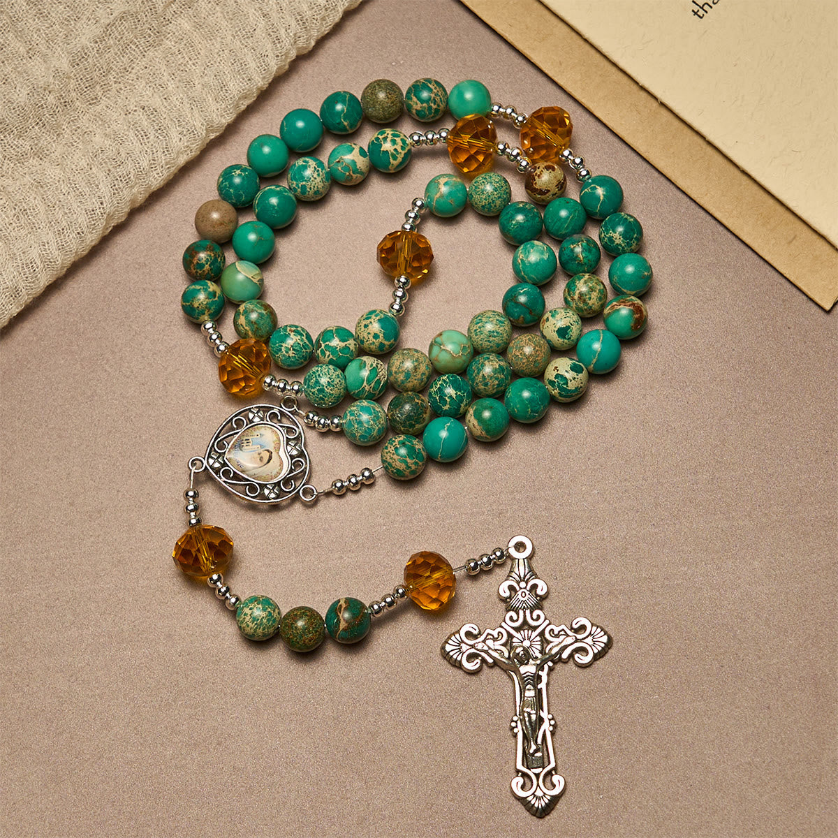 Peace through Mary's Heart Rosary in Turquoise and Amber Hues