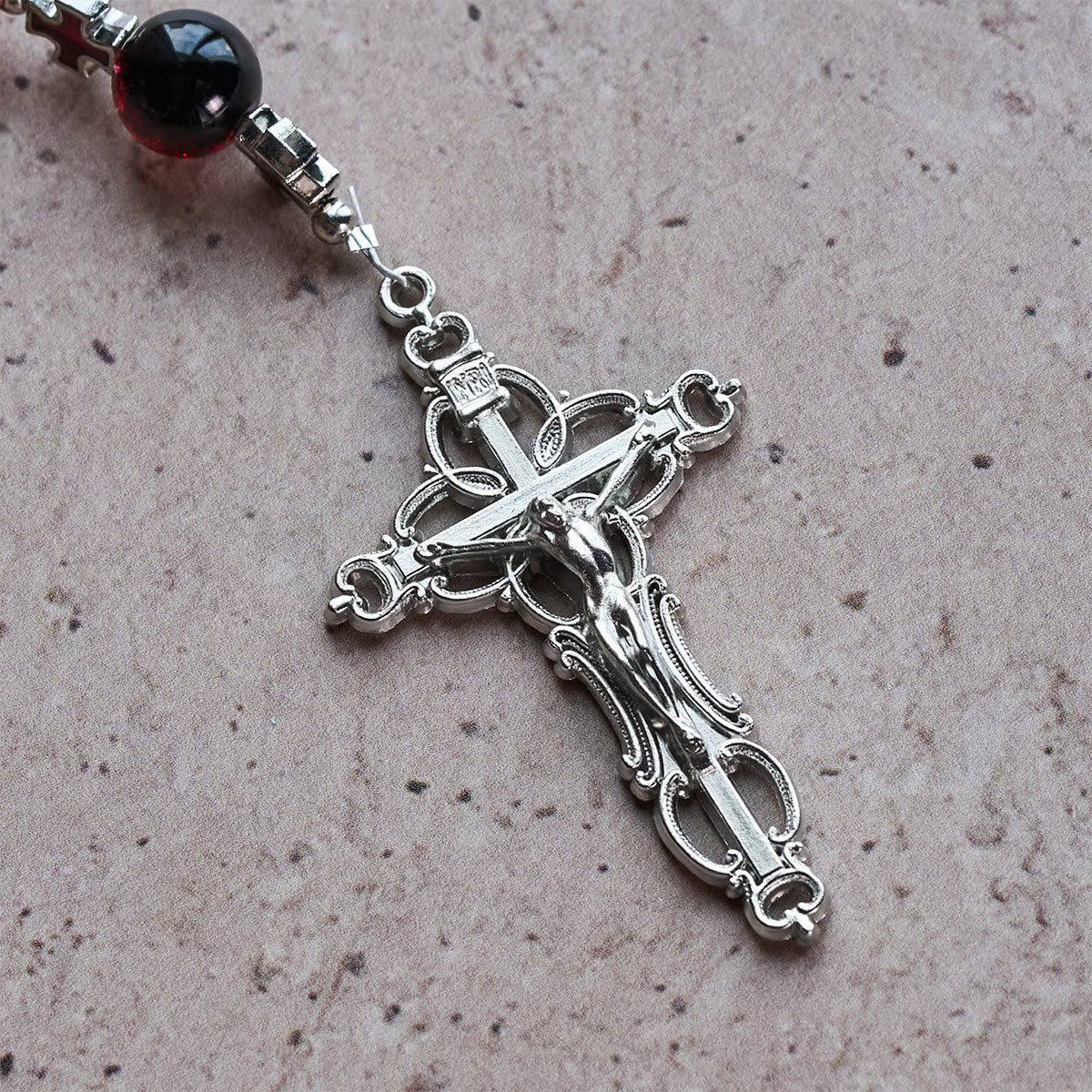 Divine Mercy Rosary in Black and Red Glass Beads Symbolizing Christ's Passion