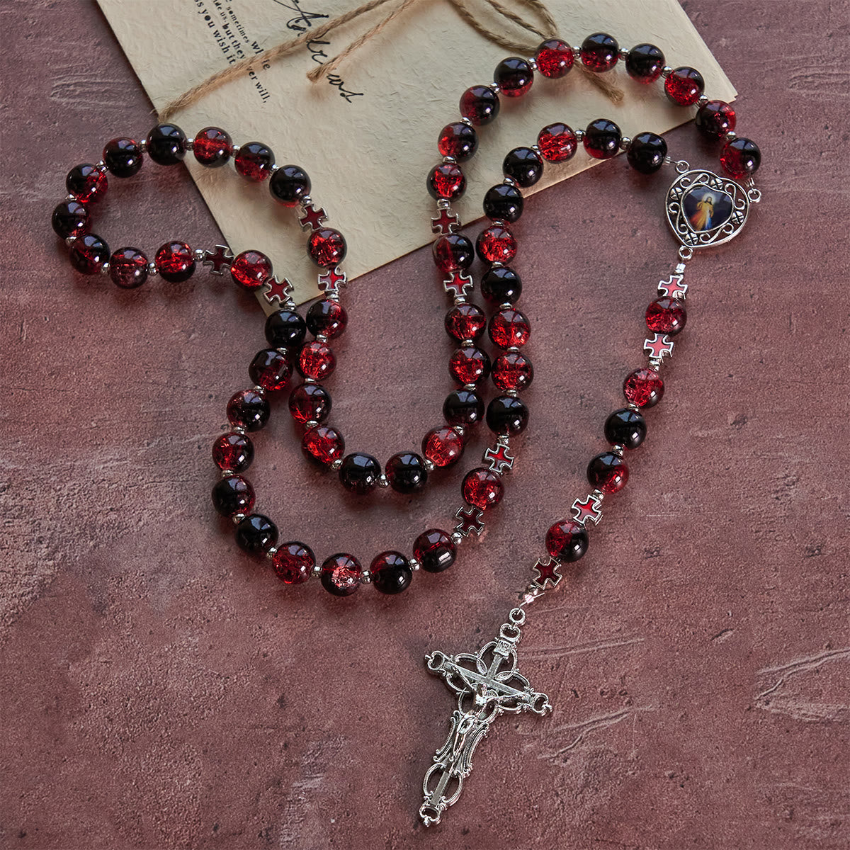 Divine Mercy Rosary in Black and Red Glass Beads Symbolizing Christ's Passion