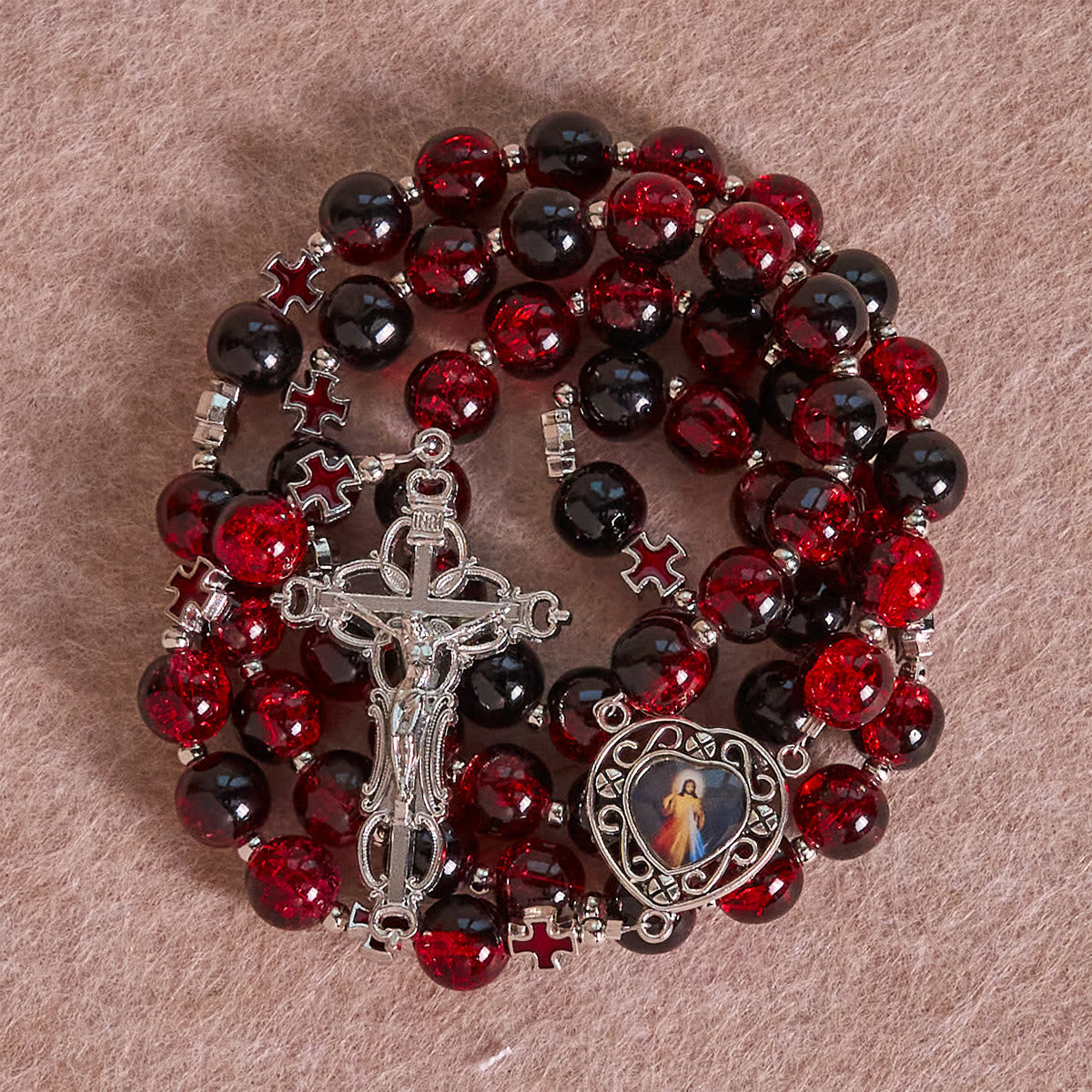 Divine Mercy Rosary in Black and Red Glass Beads Symbolizing Christ's Passion