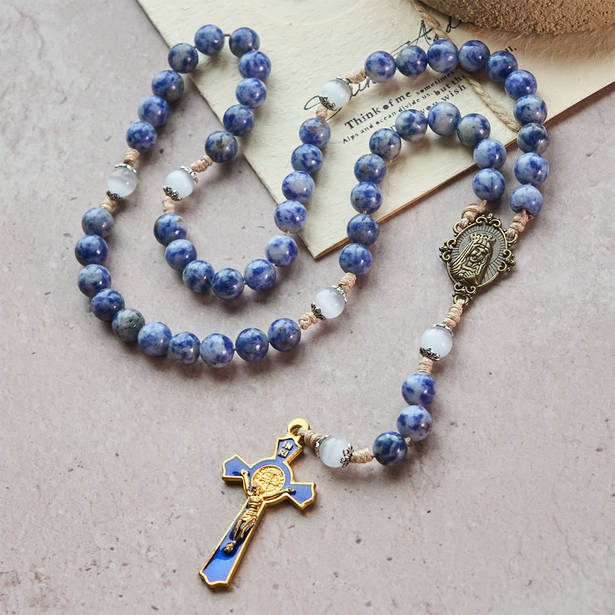 Immaculate Heart of Mary & Crucifix of 8 mm Round Blue Stone Nylon Cord Rosary