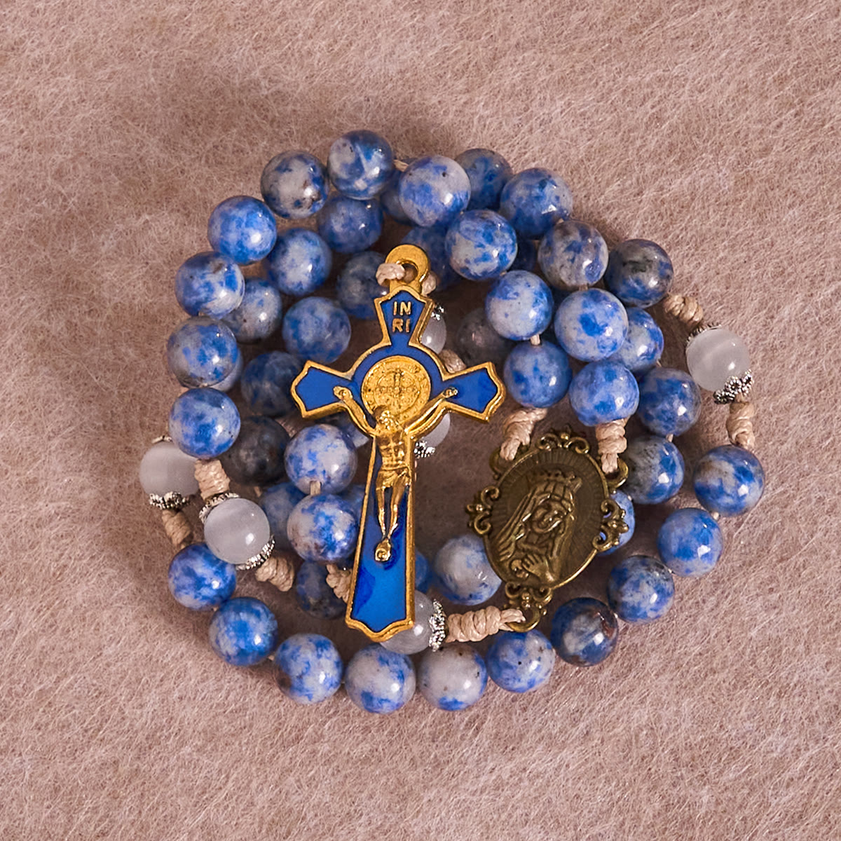 Immaculate Heart of Mary & Crucifix of 8 mm Round Blue Stone Nylon Cord Rosary