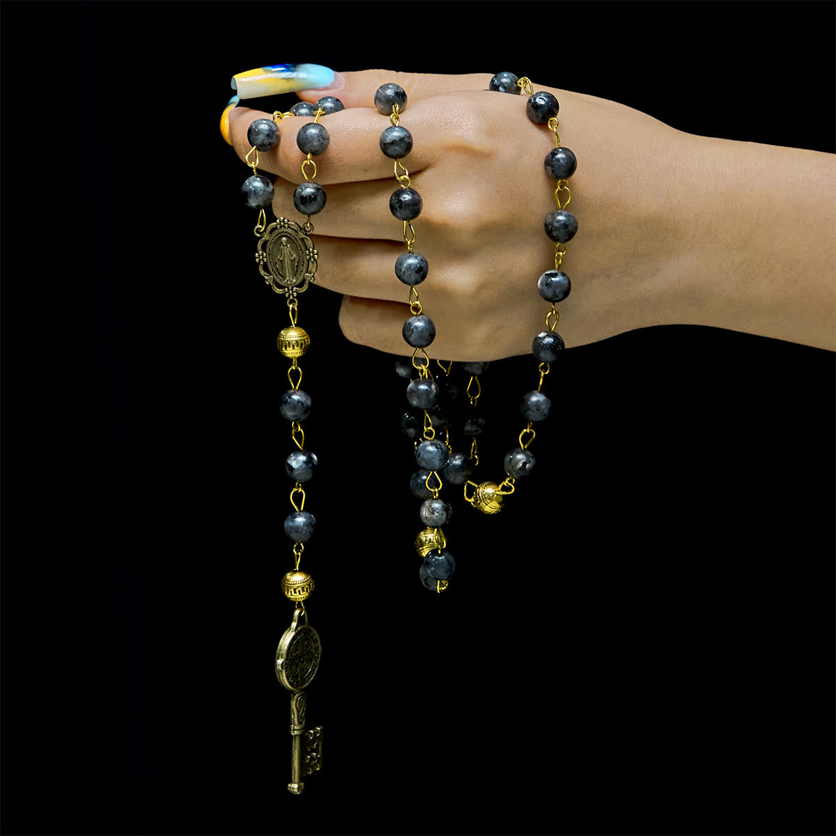 Miraculous Medal & Saint Benedict Key of 8 mm Round Black Stone Alloy Chain Rosary