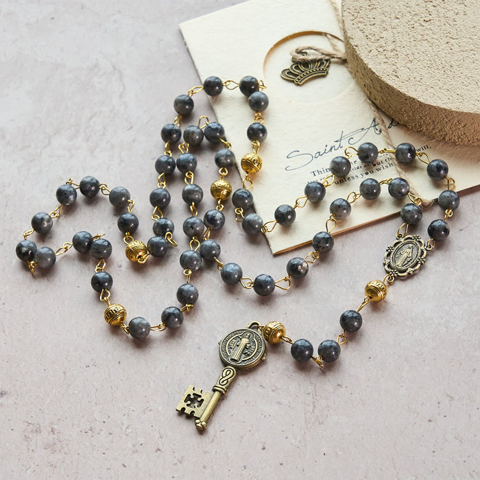 Miraculous Medal & Saint Benedict Key of 8 mm Round Black Stone Alloy Chain Rosary