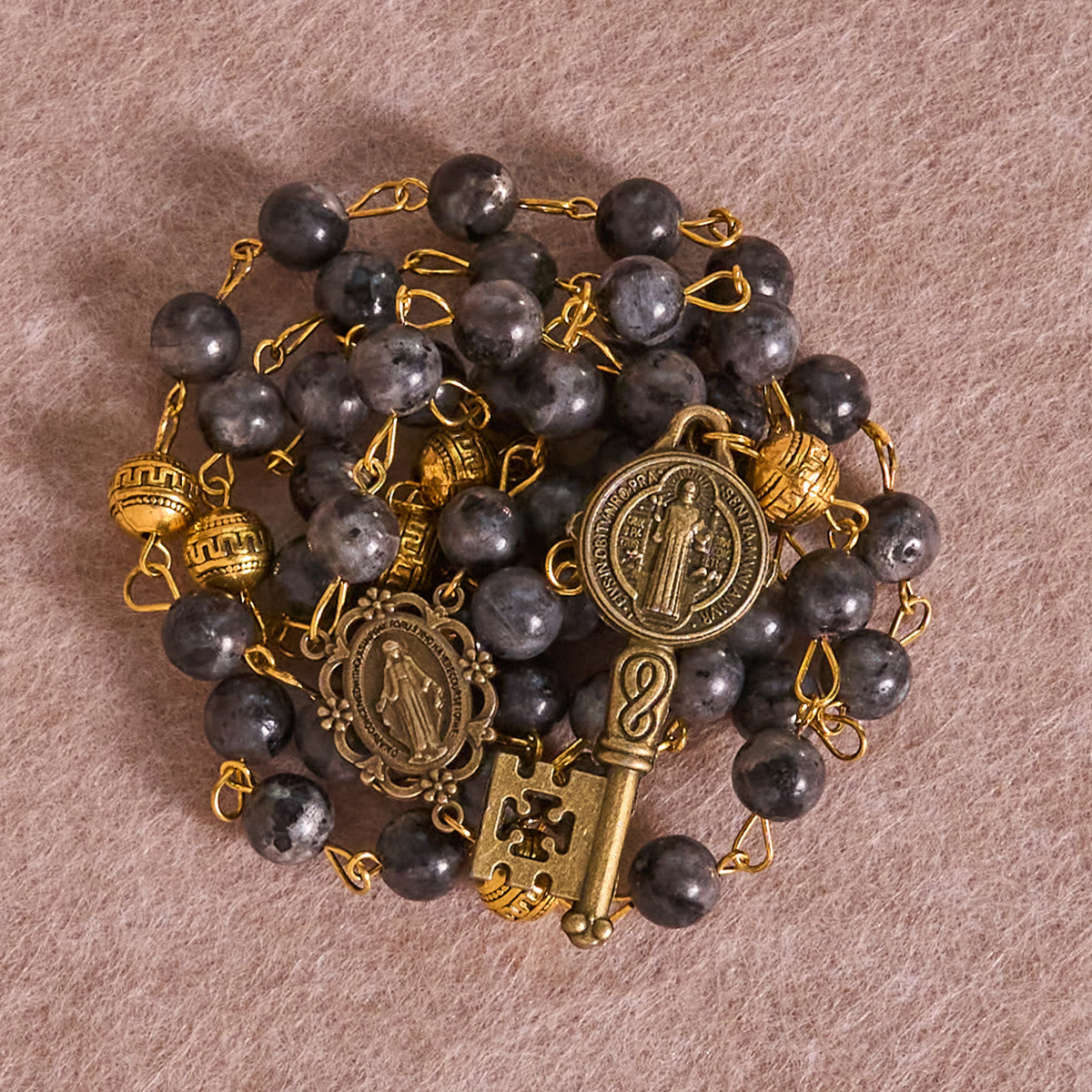 Miraculous Medal & Saint Benedict Key of 8 mm Round Black Stone Alloy Chain Rosary