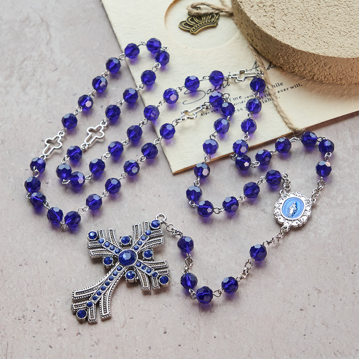 Miraculous Medal & Cross of 8 mm Polyhedron Blue Crystal Alloy Chain Rosary