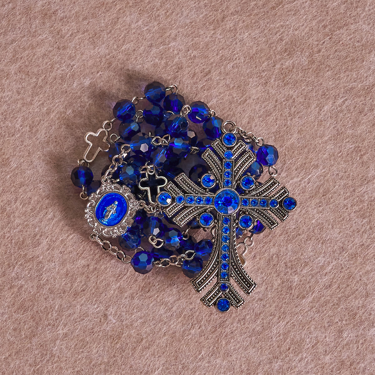 Miraculous Medal & Cross of 8 mm Polyhedron Blue Crystal Alloy Chain Rosary