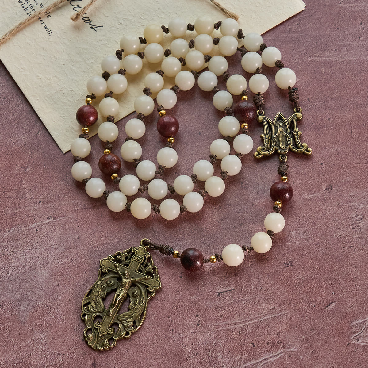 White Bodhi & Brown Wood Sacred Harmony Rosary with Antique Our Lady