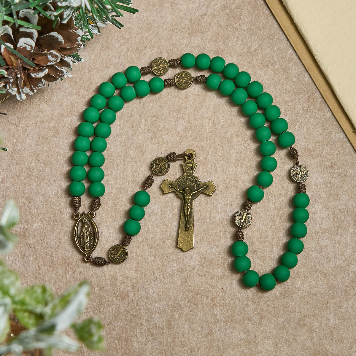 Christmas Gift: Matte Green Rubber Beads Rosary with St. Benedict Protection