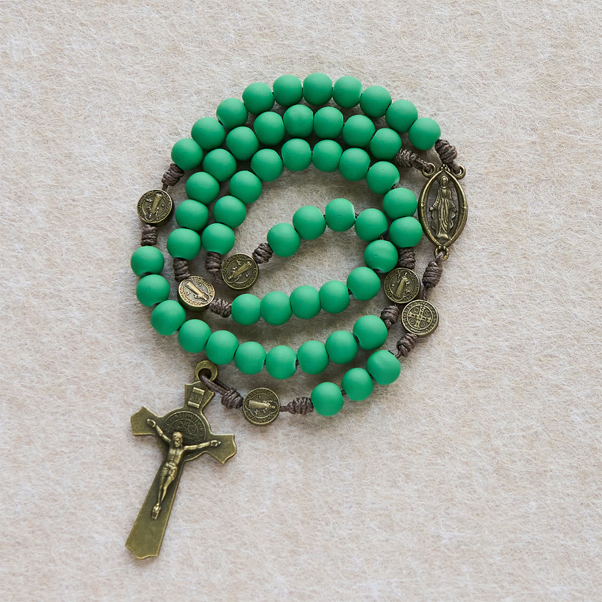 Christmas Gift: Matte Green Rubber Beads Rosary with St. Benedict Protection