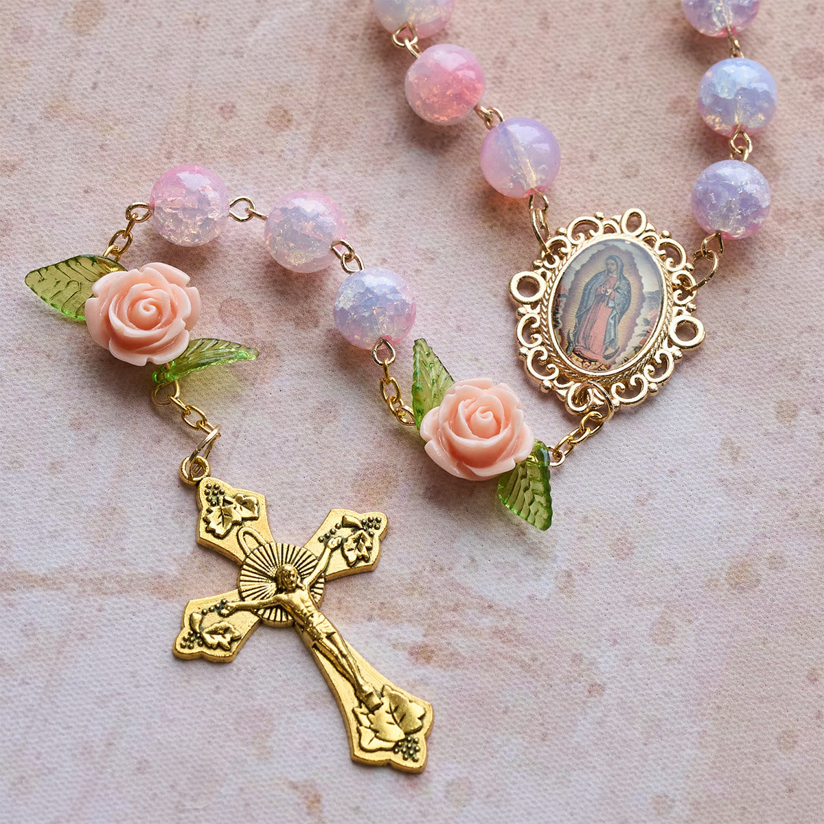 Virgin Mary with Rose-Accented Rosary: Timeless Faith & Floral Faith Symbol