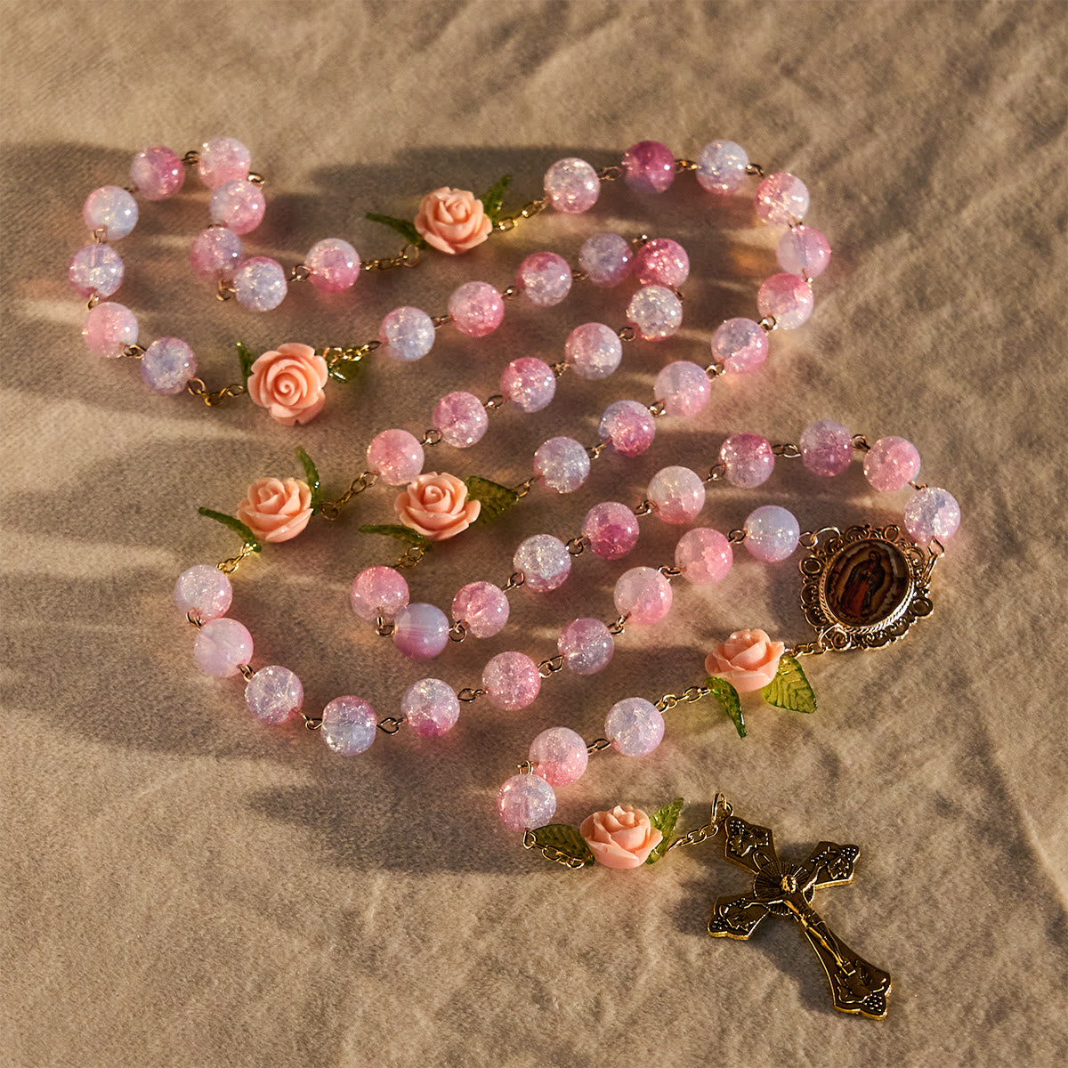 Virgin Mary with Rose-Accented Rosary: Timeless Faith & Floral Faith Symbol