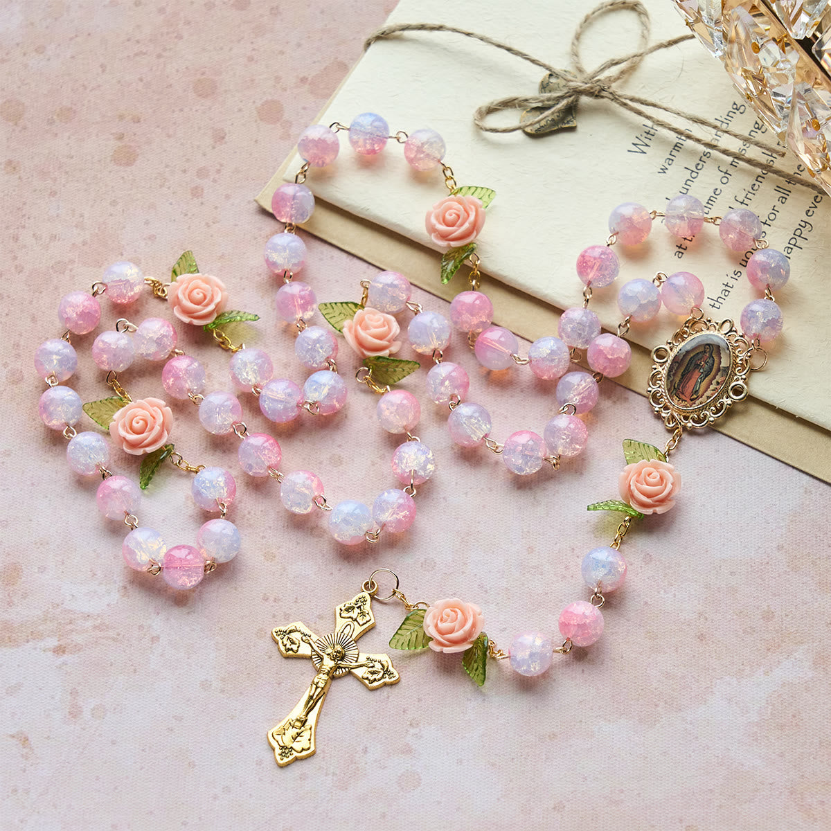 Virgin Mary with Rose-Accented Rosary: Timeless Faith & Floral Faith Symbol