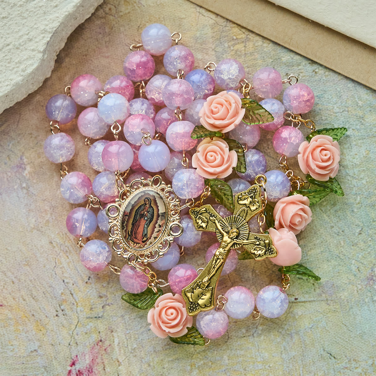 Virgin Mary with Rose-Accented Rosary: Timeless Faith & Floral Faith Symbol