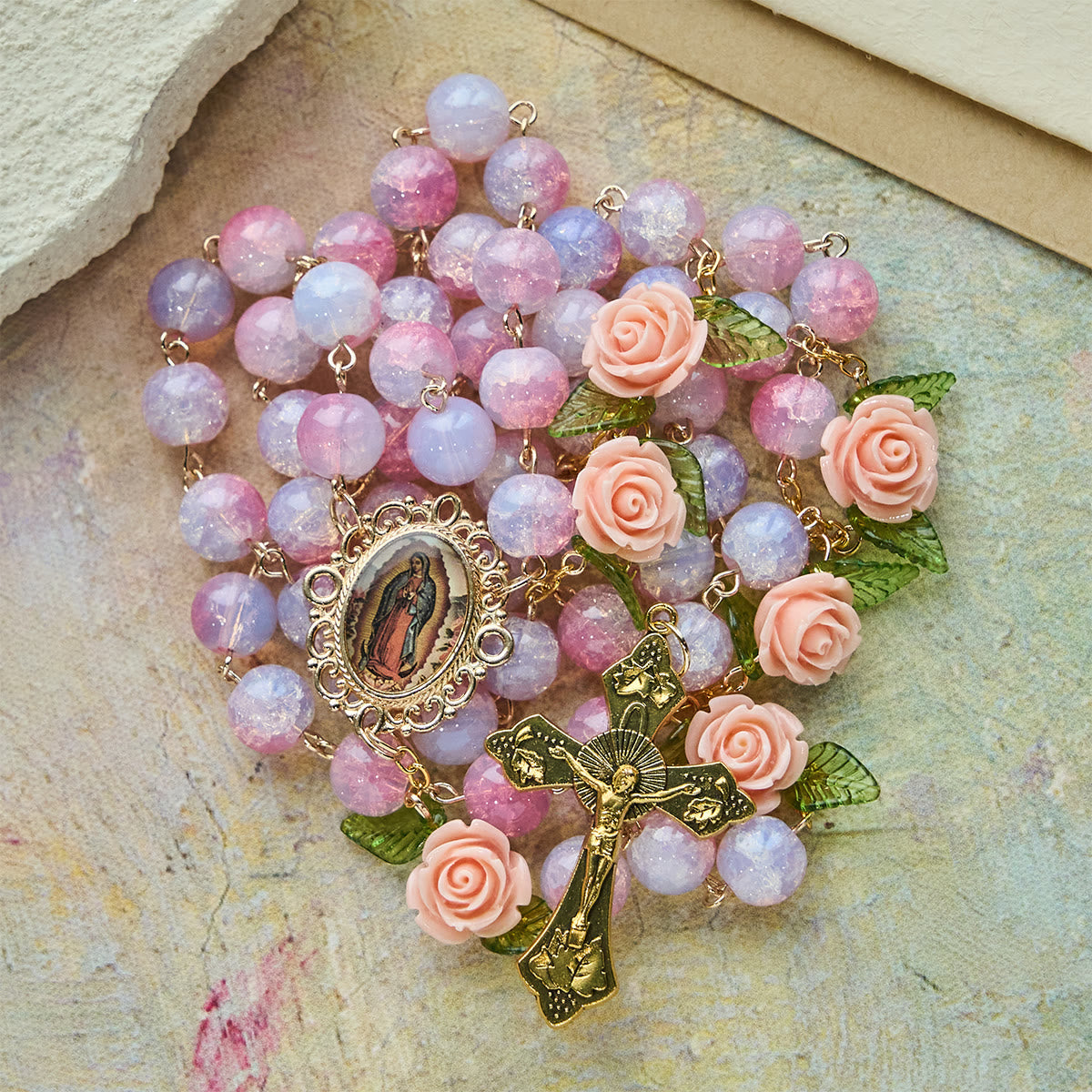 Virgin Mary with Rose-Accented Rosary: Timeless Faith & Floral Faith Symbol