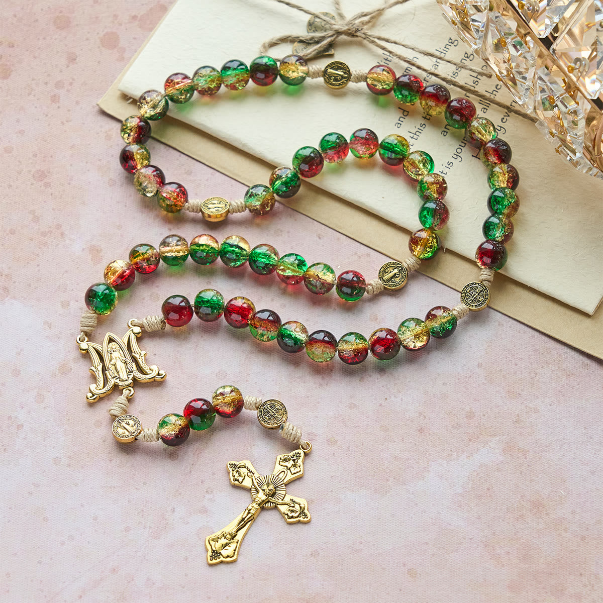 Christmas Glass Rosary with Cross: Faithful Celebration & Festive Luster