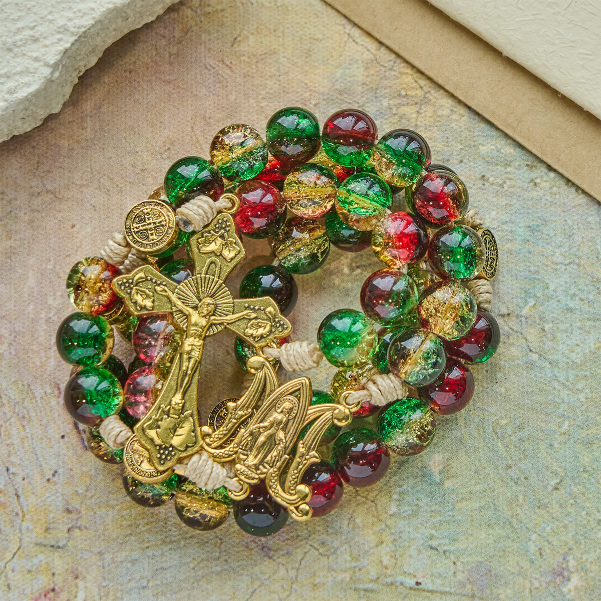 Christmas Glass Rosary with Cross: Faithful Celebration & Festive Luster