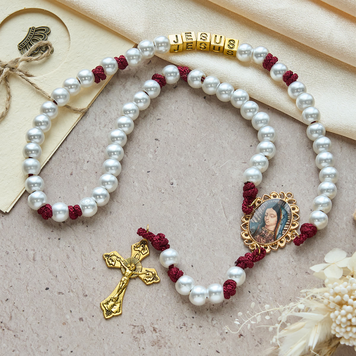 Graceful White Custom Rosary with Burgundy Paracord & Personalized JESUS Letters