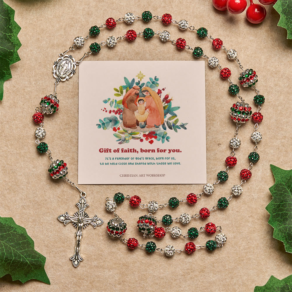 Christmas Gift: Crystal-Covered Tricolor Beads & Miraculous Medal Glam Sparkling Rosary