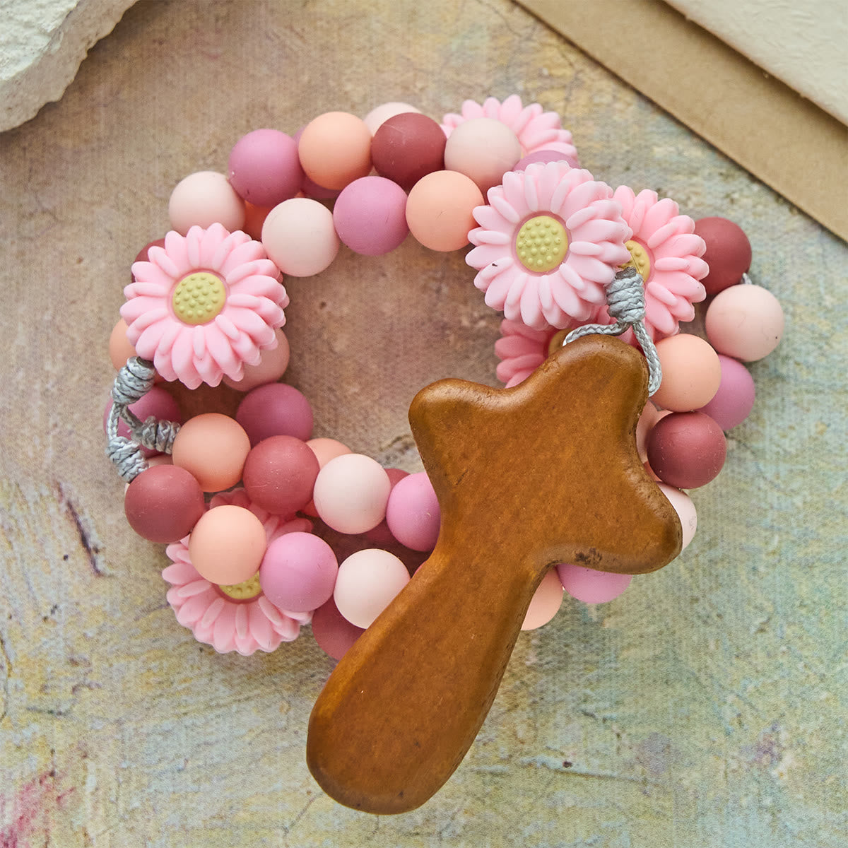 Children’s Silicone Pink Daisy Rosary with Wood Cross