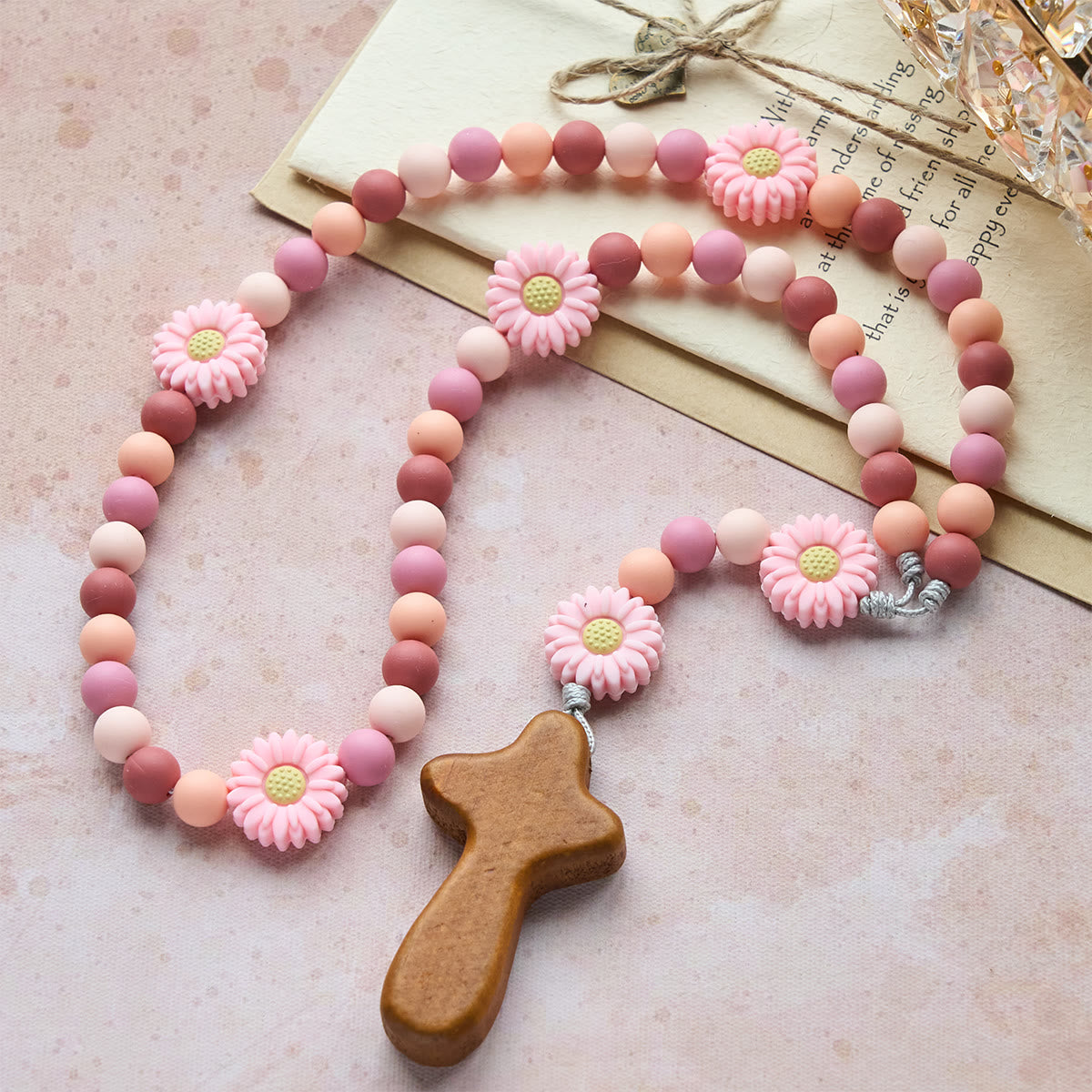 Children’s Silicone Pink Daisy Rosary with Wood Cross