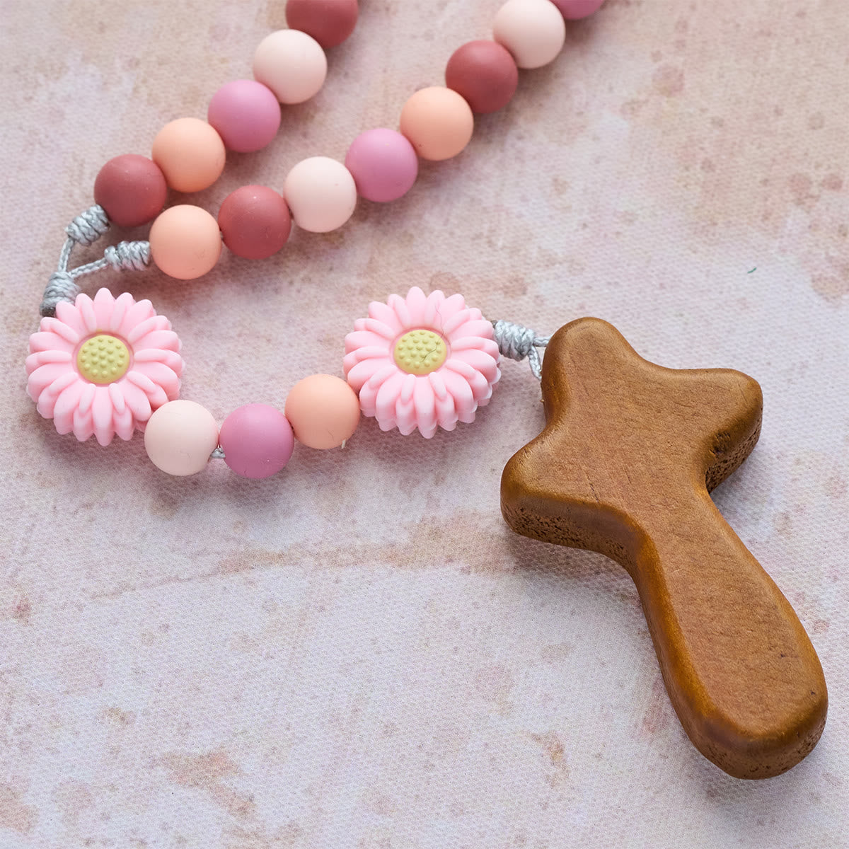 Children’s Silicone Pink Daisy Rosary with Wood Cross