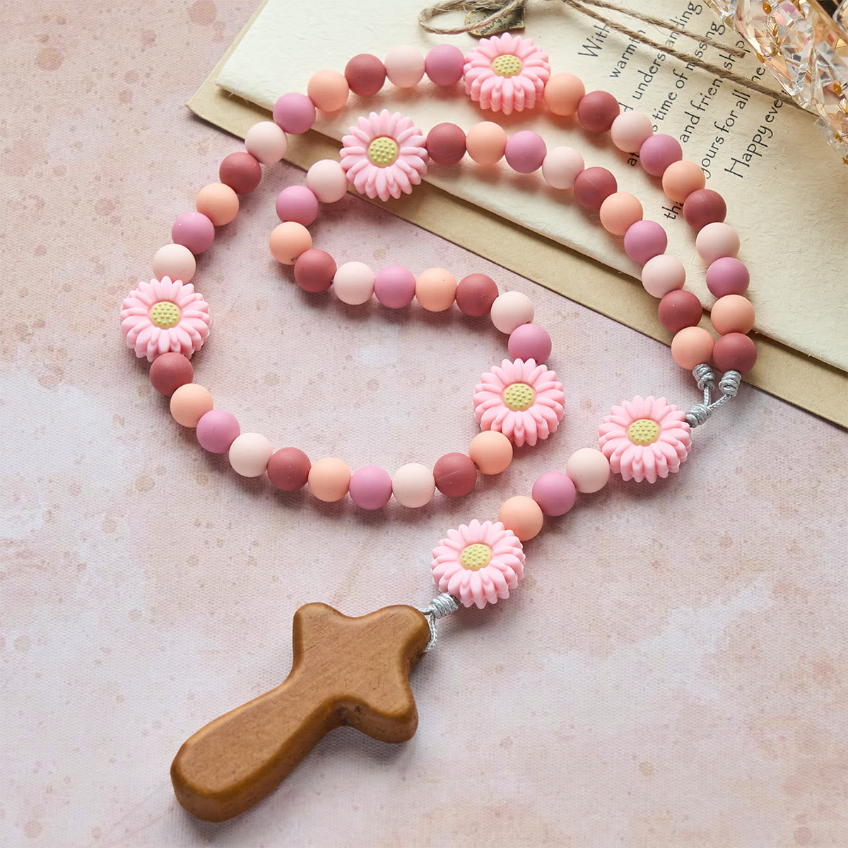 Children’s Silicone Pink Daisy Rosary with Wood Cross