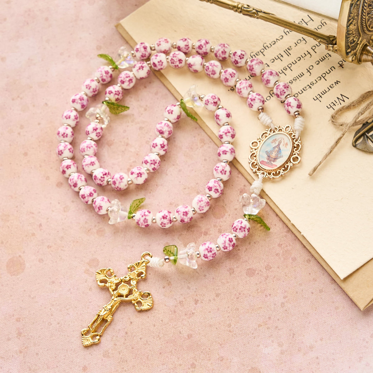 Porcelain Rosary with Lily Details: Devotion in Bloom & Spiritual Nourishment