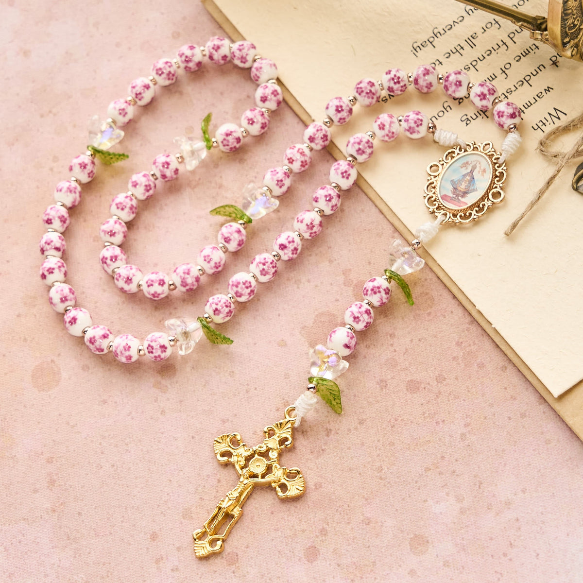 Porcelain Rosary with Lily Details: Devotion in Bloom & Spiritual Nourishment
