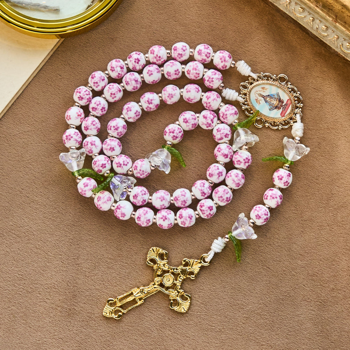 Porcelain Rosary with Lily Details: Devotion in Bloom & Spiritual Nourishment