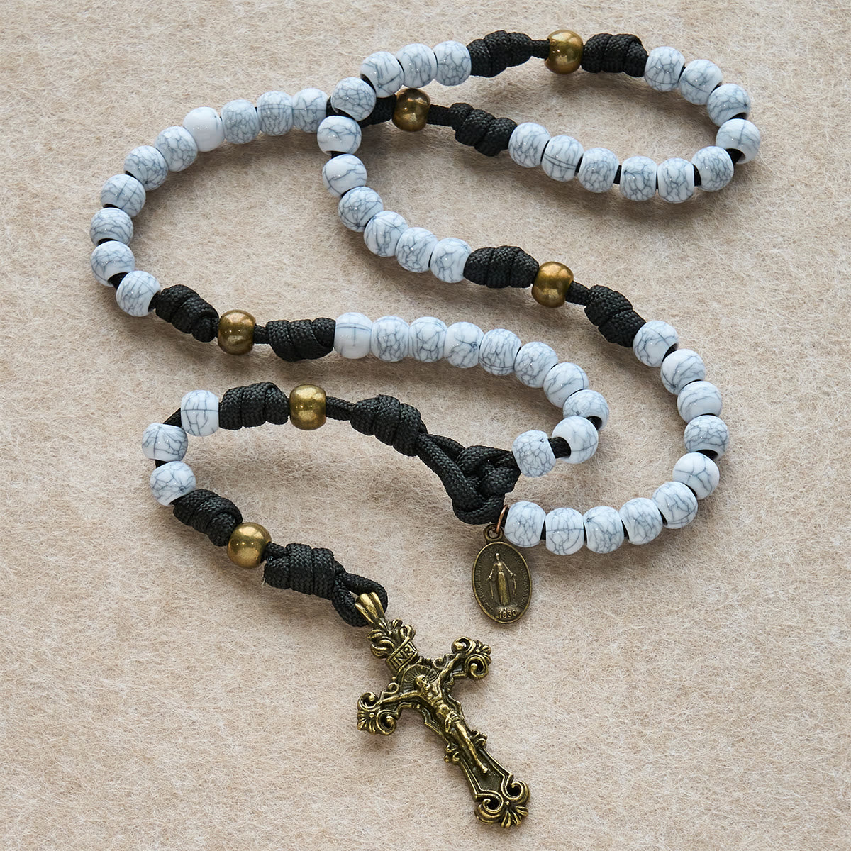 Matte White Crackle Beads with Ornate Brass Crucifix Rosary, Pocket Rosary