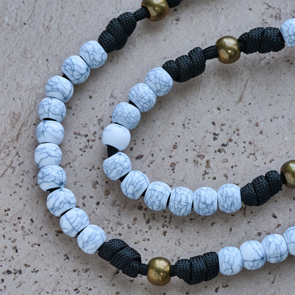 Matte White Crackle Beads with Ornate Brass Crucifix Rosary, Pocket Rosary