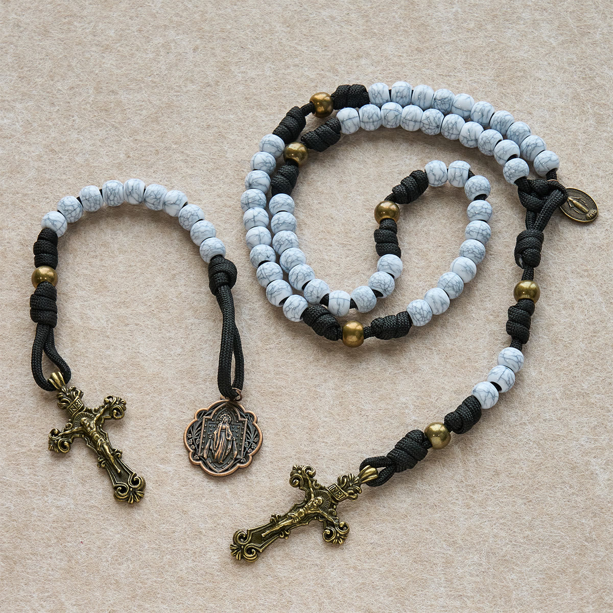 Matte White Crackle Beads with Ornate Brass Crucifix Rosary, Pocket Rosary